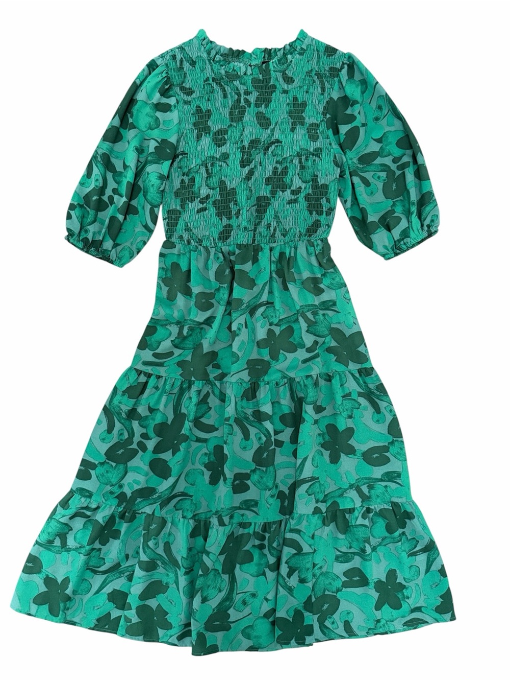 Sugarlips Yeraldi Floral Frazier Emerald Green Smocked Midi Tiered Dress size M